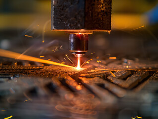 AI generated Laser ray engraving action on metal, bright light point, technological, industrial, dark scene