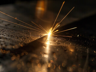 AI generated Laser ray engraving action on metal, bright light point, technological, industrial, dark scene