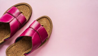 trendy fashion footwear mockup leather pink magenta sandals birkenstocks on pink background top view flat lay unisex summer shoes genuine leather flip flops with cork soles