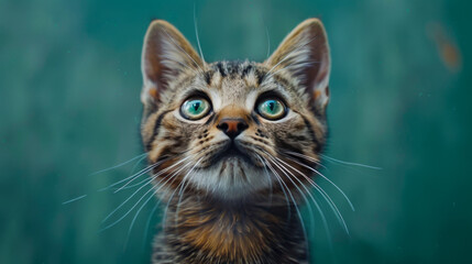 Fototapeta premium Small Cat Sitting on Fresh Green Backdrop 