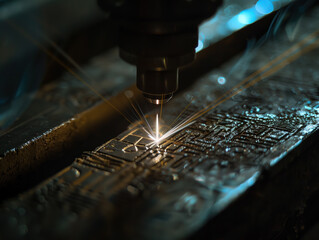 AI generated Laser ray engraving action on metal, bright light point, technological, industrial, dark scene
