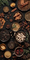 Fototapeta premium Cup of aromatic tea with spices, herbs, dried fruit orange slices. Top view. Generated AI