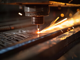 AI generated Laser ray engraving action on metal, bright light point, technological, industrial, dark scene