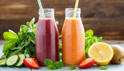 healthy fresh fruit and vegetable smoothies drink in bottle generative ai