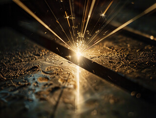 AI generated Laser ray engraving action on metal, bright light point, technological, industrial, dark scene