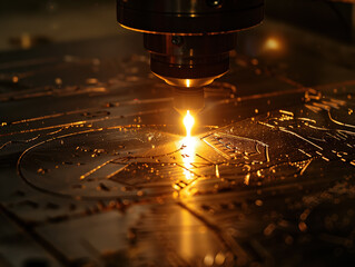 AI generated Laser ray engraving action on metal, bright light point, technological, industrial, dark scene