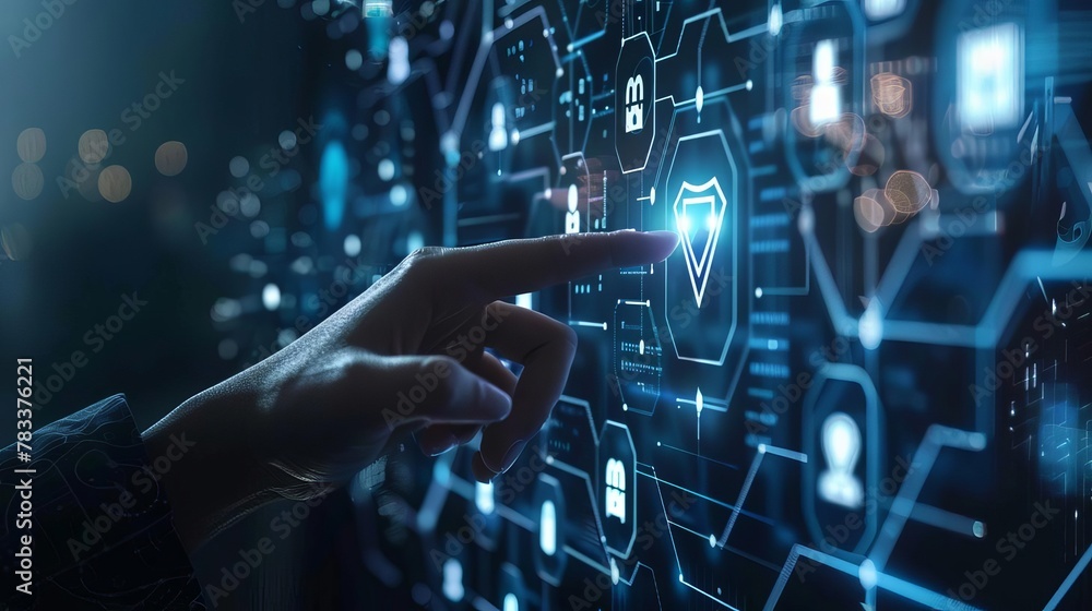 Poster futuristic pki public key infrastructure technology concept with person touching virtual interface i