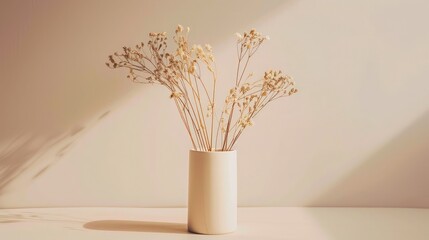 Minimalistic composition of dried flowers in cylindrical ceramic vase as home decoration.