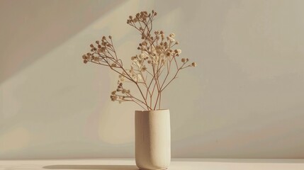 Minimalistic composition of dried flowers in cylindrical ceramic vase as home decoration. - obrazy, fototapety, plakaty