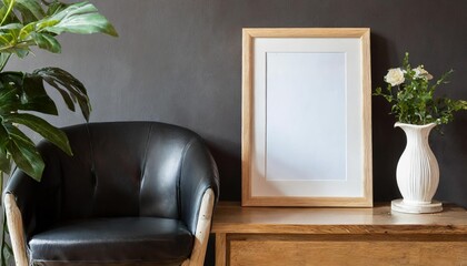 picture frame mockup in dark tones with leather black armchair and decoration minimal 3d rendering