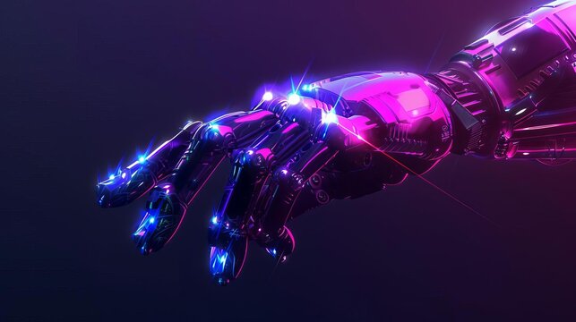 futuristic robotic hand with artificial intelligence elements neon digital illustration