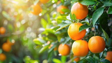 orange tree in the garden are excellent source of vitamin C. Green organic orange citrus fruit hanging on tree - obrazy, fototapety, plakaty