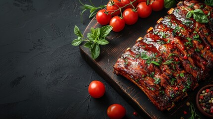   A cutting board, made of wood, holds a spread of meat bathed in marinara sauce Fresh basil and cherry tomatoes serve as its elegant garnish - obrazy, fototapety, plakaty
