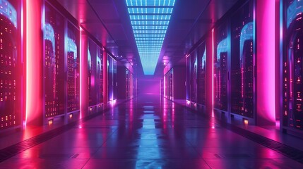 futuristic server room with glowing neon lights data center concept digital art