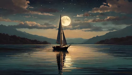 Rolgordijnen anime style sailboat landscape lake ocean sailing panoramic wide moonlight moon boat generated ai © Kendrick