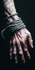 suffering Slavery. Limitation. old blood hands, wrapped in barbed wire, Hands in chains