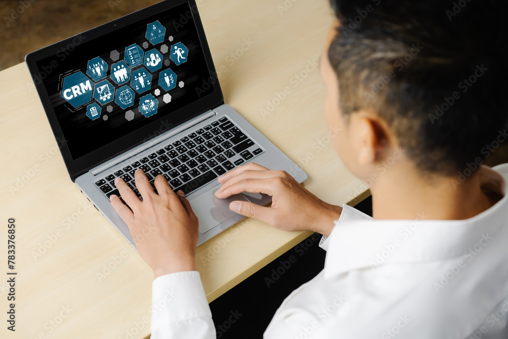 Poster customer relationship management system on modish computer for crm business and enterprise
