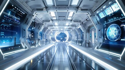futuristic space station with sleek corridors and holographic displays digital illustration - obrazy, fototapety, plakaty