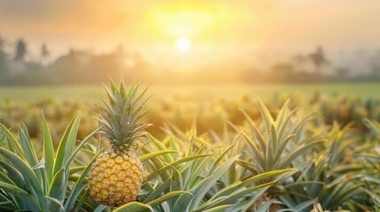 Pineapple fruits in pineapple farming with sunrise background. - obrazy, fototapety, plakaty