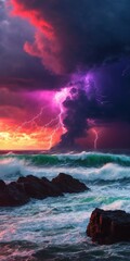 Fototapeta premium Dark stormy sea with dramatic sky and lightnings