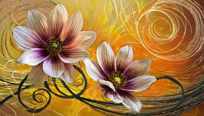 a digital painting of two flowers on a yellow and orange background with swirls and lines in the foreground