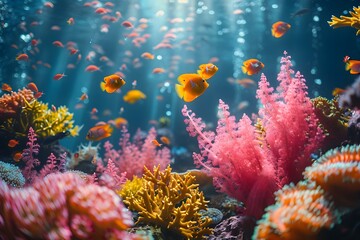 Enchanting Coral Garden with Tropical Fish. Concept Underwater Photography, Vibrant Marine Life, Coral Reef Conservation - obrazy, fototapety, plakaty