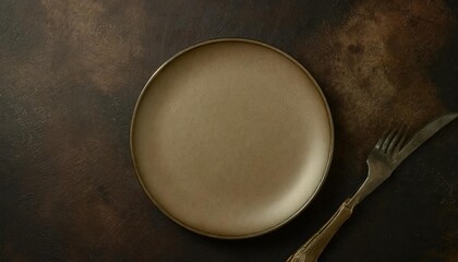 empty beige plate on a dark grunge background top view flat lay copy space