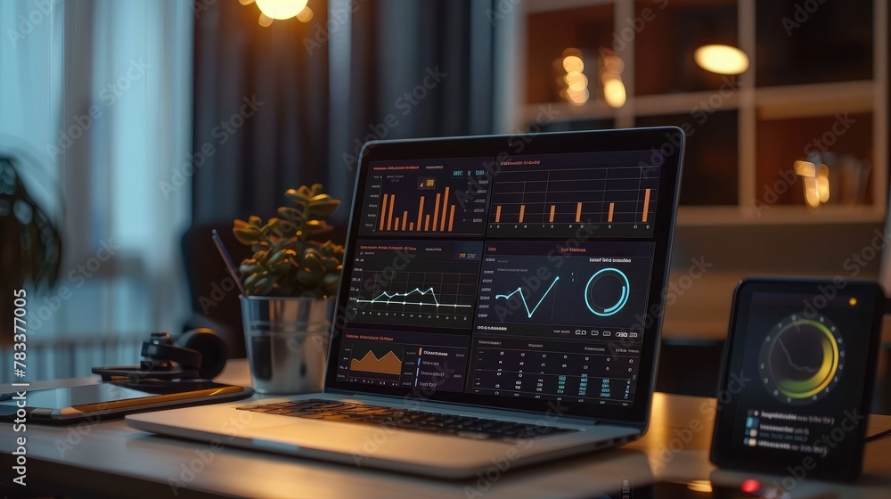 Poster predictive analytics and digital data technology. kpi dashboard on laptop