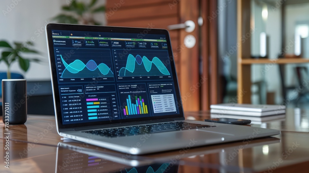 Poster predictive analytics and digital data technology. kpi dashboard on laptop