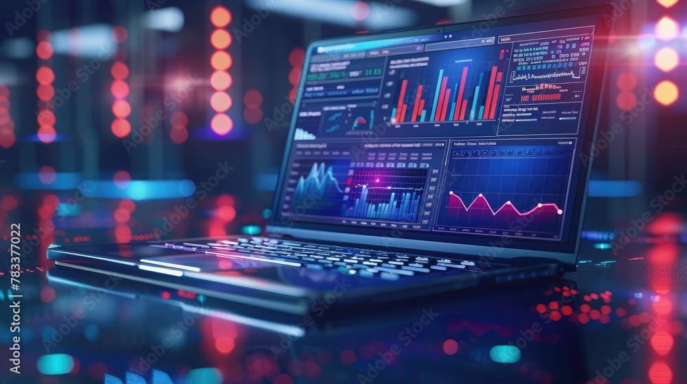 Poster predictive analytics and digital data technology. kpi dashboard on laptop