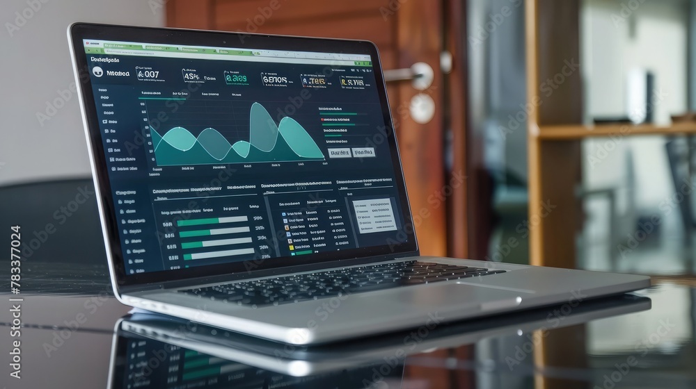 Poster predictive analytics and digital data technology. kpi dashboard on laptop