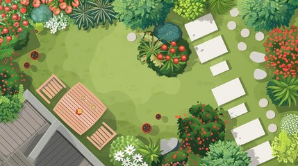 garden design layout with plants and landscaping elements yard maintenance concept illustration - obrazy, fototapety, plakaty