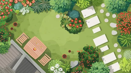 Fotobehang garden design layout with plants and landscaping elements yard maintenance concept illustration © Bijac