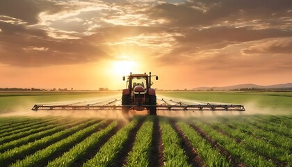 Fototapeta premium irrigation tractor driving spraying or harvesting agricultural crop at sunset