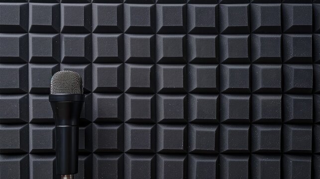 Professional microphone on the black sound proof panel background. Recording studio, copy space.