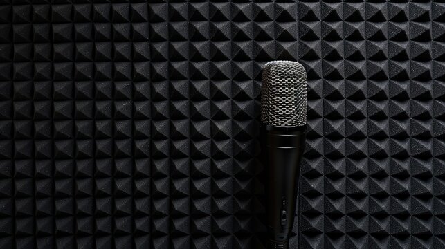 Professional microphone on the black sound proof panel background. Recording studio, copy space.
