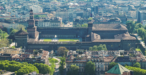 Aerial view of Castello Sforzesco (Sforza's Castle) details of the medieval fortification located in Milan, northern Italy.  04-11-2024. It was built in the 15th century by Francesco Sforza - 783377224