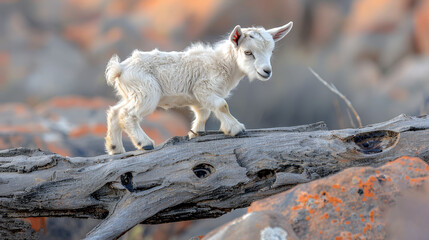 Naklejka premium A small white goat perched on a tree branch beside a stone pile and rock wall