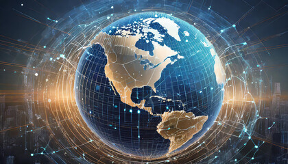 Digital world globe centered on North America, concept of North America global network and connectivity, data transfer and cyber technology, information exchange and telecommunication - obrazy, fototapety, plakaty