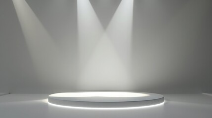 Shiny white round pedestal podium. Abstract high quality 3d concept illuminated pedestal by spotlights on white background. Futuristic background can be add on banners flyers ro web.