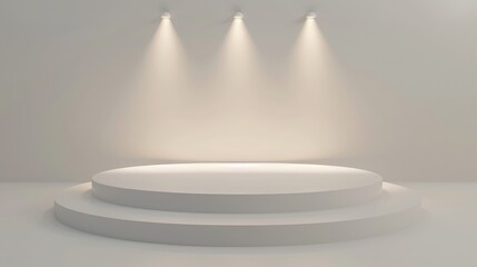 Shiny white round pedestal podium. Abstract high quality 3d concept illuminated pedestal by spotlights on white background. Futuristic background can be add on banners flyers ro web.