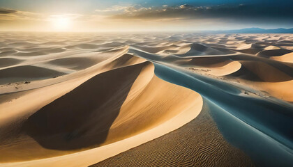 Dunes in a gigantic desert, infinite horizon of sand, aerial landscape view of a natural and spectacular beautiful spot