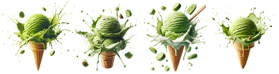 matcha ice cream cone isolated png with splash - obrazy, fototapety, plakaty