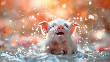   A small pig submerged in water, head tilted back with mouth agape and eyes wide open - obrazy, fototapety, plakaty