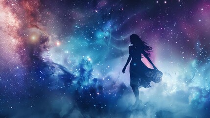 Fototapeta na wymiar goddess silhouette in cosmic space spiritual illustration on galaxy background