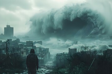 Solitary Observer Amidst Tsunami's Fury. Concept Survival Stories, Natural Disasters, Resilience, Overcoming Adversity - obrazy, fototapety, plakaty