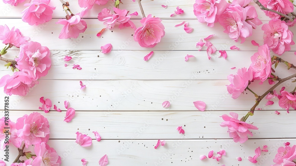 Wall mural Spring flowers. Pink flowers on white wooden background. Flat lay, top view, copy space