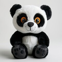 A cute panda plush toy on a white background emanating an aura of sweetness and innocence. Soft plush panda with a friendly expression.