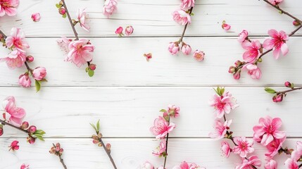 Spring flowers. Pink flowers on white wooden background. Flat lay, top view, copy space