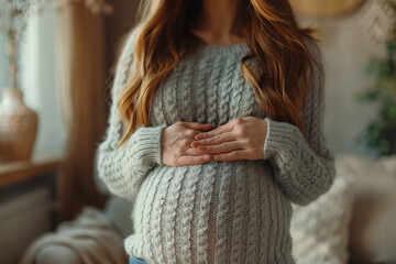 pregnant woman stroking her pregnant belly in the living room during the winter - obrazy, fototapety, plakaty
